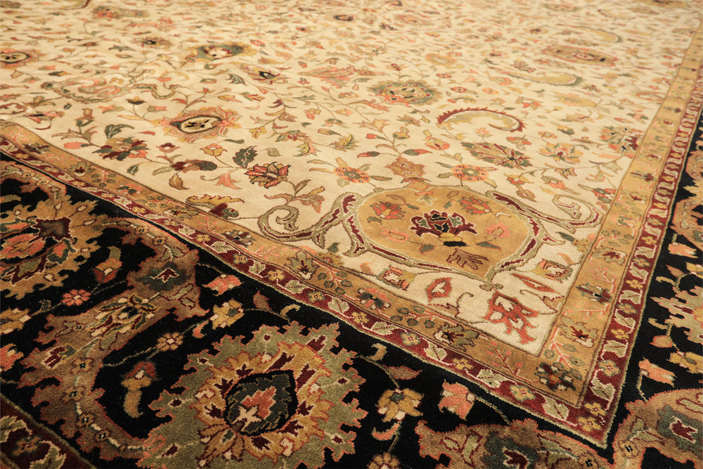 Palace Beige, Black, Maroon Color Hand Knotted Agra New Zealand Wool Traditional Oriental Rug
