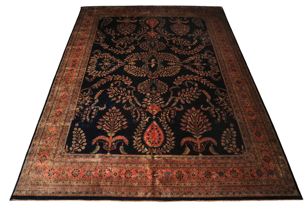 Palace Royal Blue, Rose, Aqua Color Hand Knotted Sarouk New Zealand Wool Traditional Oriental Rug