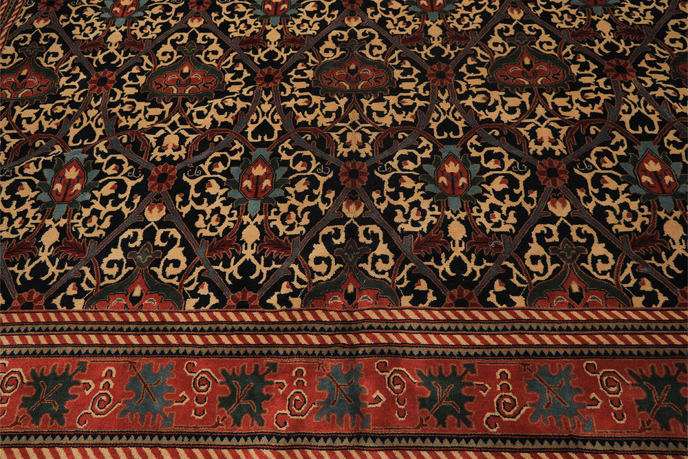 12x15 Mid Night Blue, Rose, Ivory Color Hand Knotted Indo Persian Wool Traditional Oriental Rug