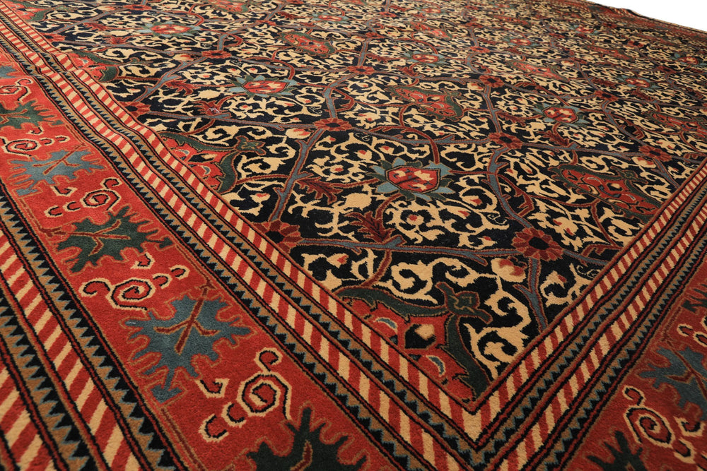 12x15 Mid Night Blue, Rose, Ivory Color Hand Knotted Indo Persian Wool Traditional Oriental Rug