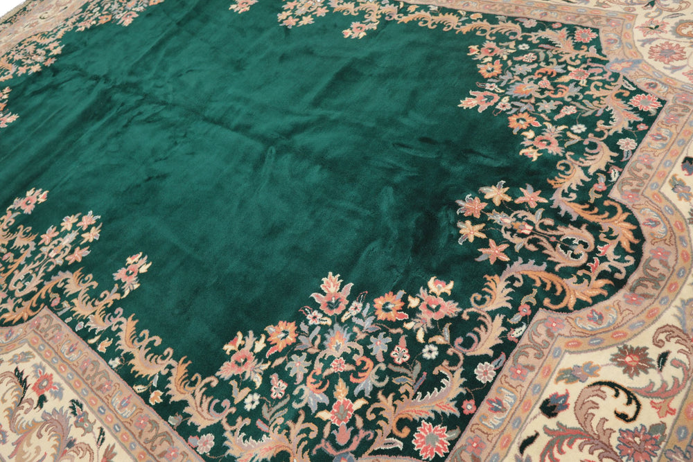 10x14 Emarald, Ivory, Rose Color Hand Knotted Kerman Wool Traditional Oriental Rug