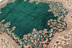 10x14 Emarald, Ivory, Rose Color Hand Knotted Kerman Wool Traditional Oriental Rug