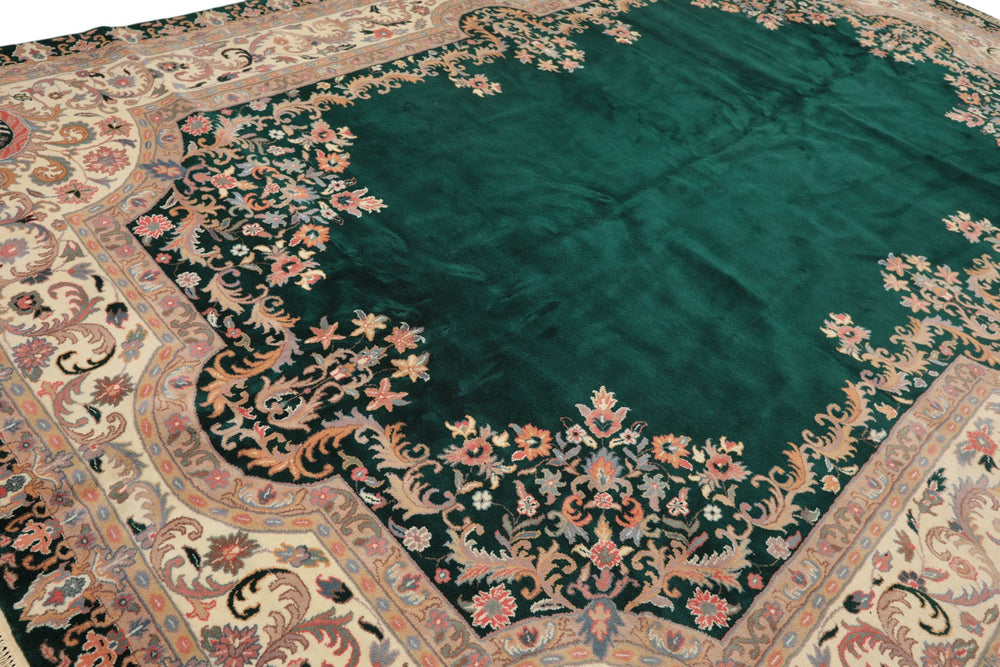 10x14 Emarald, Ivory, Rose Color Hand Knotted Kerman Wool Traditional Oriental Rug