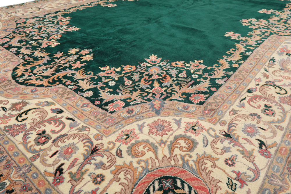 10x14 Emarald, Ivory, Rose Color Hand Knotted Kerman Wool Traditional Oriental Rug