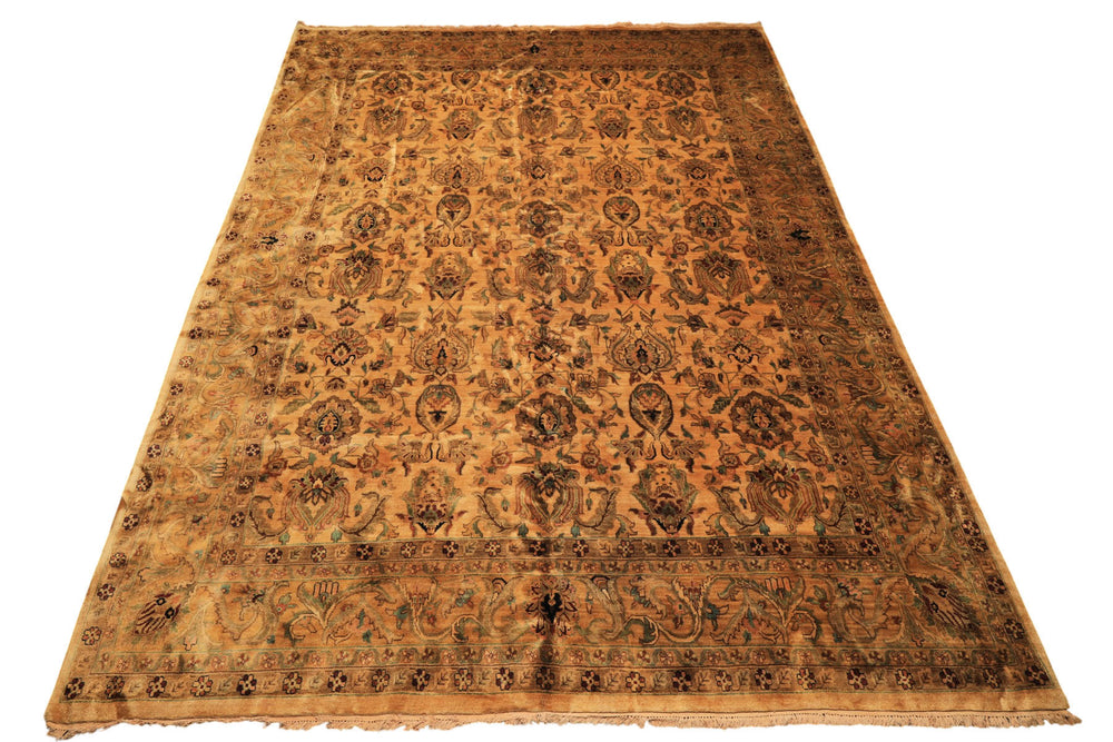 10x14 Light Gold, Brown, Turquoise Color Hand Knotted Oushak New Zealand Wool Transitional Oriental Rug