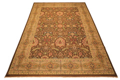 10x14 Brown, Moss, Gold Color Hand Knotted Soumak Wool Transitional Oriental Rug