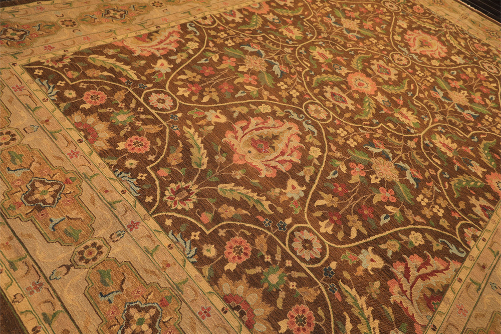10x14 Brown, Moss, Gold Color Hand Knotted Soumak Wool Transitional Oriental Rug