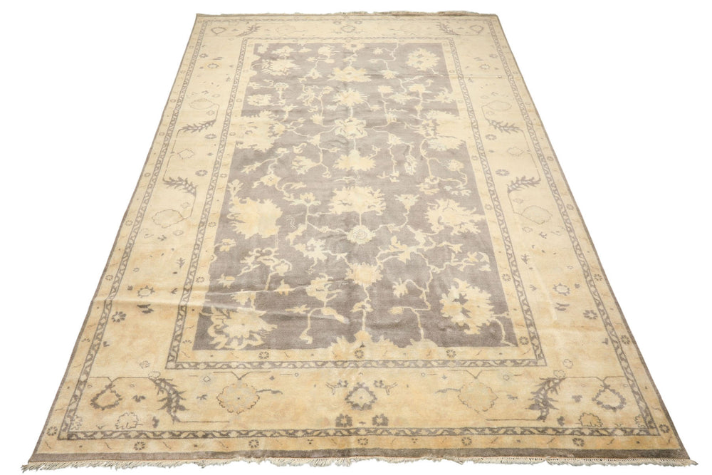 Palace Gray, Ivory, Light Gold Color Hand Knotted Oushak Wool Transitional Oriental Rug