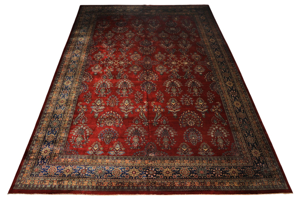 Runner Rusty Red, Navy, Mint Color Hand Knotted Sarouk New Zealand Wool Traditional Oriental Rug