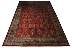 Runner Rusty Red, Navy, Mint Color Hand Knotted Sarouk New Zealand Wool Traditional Oriental Rug