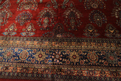Runner Rusty Red, Navy, Mint Color Hand Knotted Sarouk New Zealand Wool Traditional Oriental Rug
