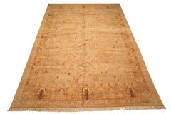 Palace Tan, Gold, Turquoise Color Hand Knotted Oushak Wool Transitional Oriental Rug