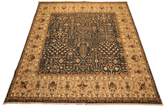 Square Charcoal, Tan, Rust Color Hand Knotted Soumak Wool Transitional Oriental Rug