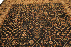 Square Charcoal, Tan, Rust Color Hand Knotted Soumak Wool Transitional Oriental Rug