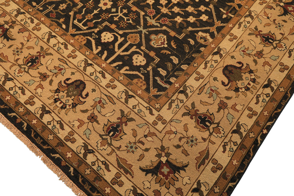 Square Charcoal, Tan, Rust Color Hand Knotted Soumak Wool Transitional Oriental Rug