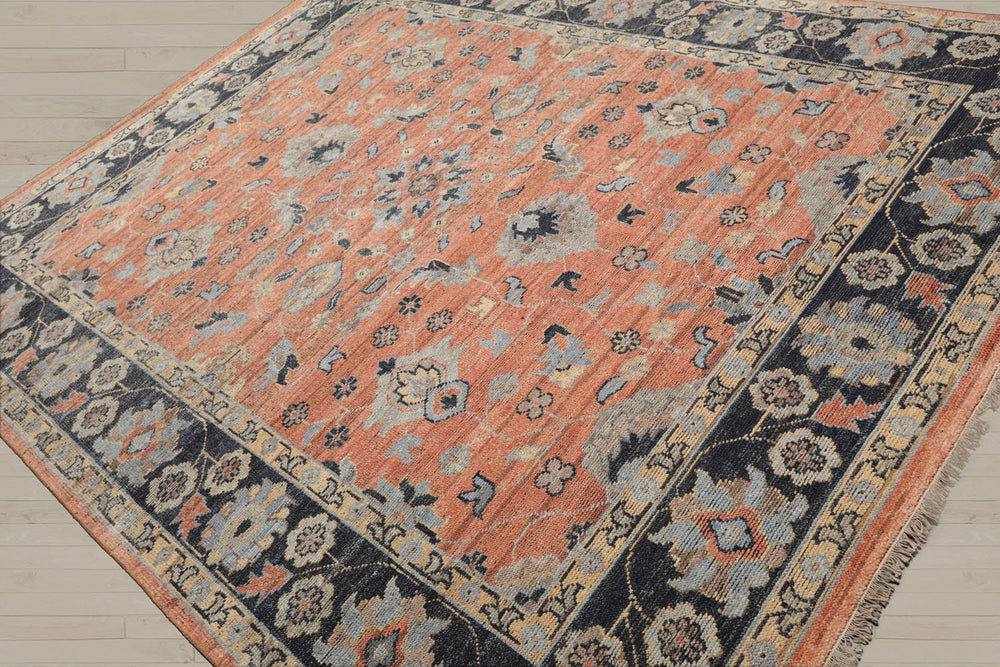 8x10 Rust, Blue, Tan Color Hand Knotted Oushak Wool Traditional Oriental Rug