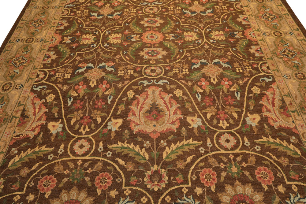 9x12 Brown, Taupe, Green Color Hand Knotted Soumak Wool Transitional Oriental Rug