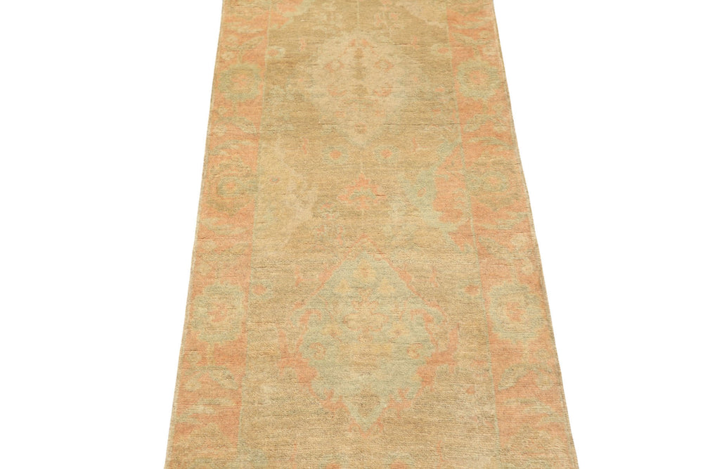 2'6x10 Beige, Mint, Blush Color Hand Knotted Oushak Wool Transitional Oriental Rug
