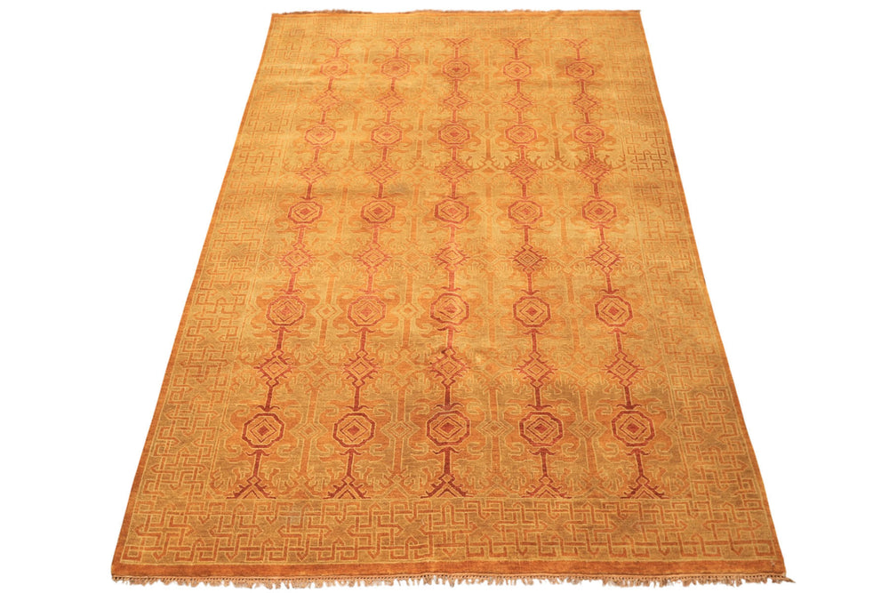 6x9 Caramel, Rust, Mint Color Hand Knotted Agra Wool Transitional Oriental Rug