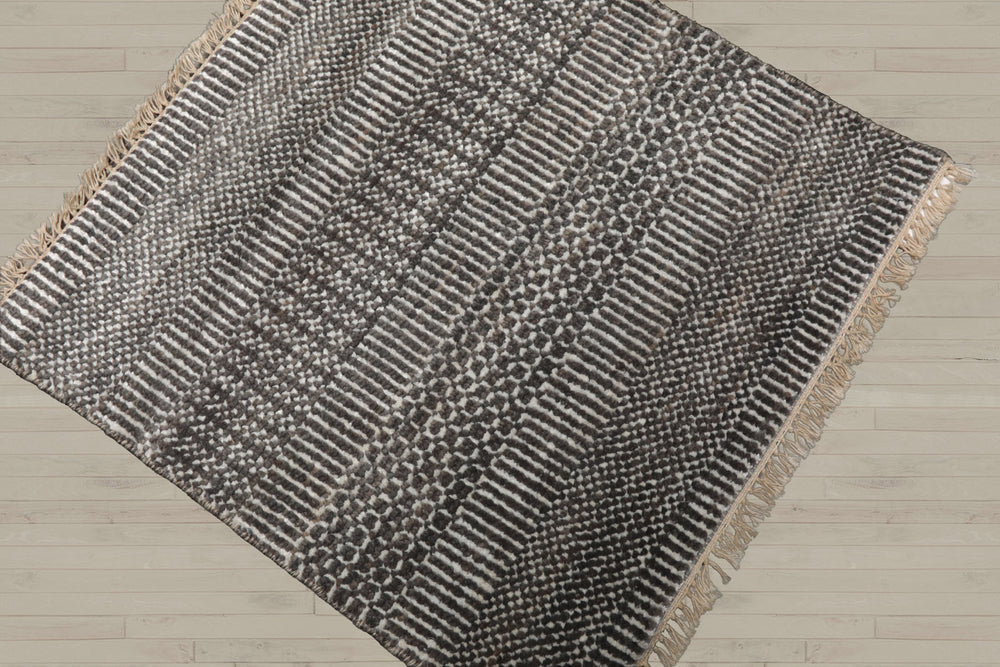Square Ivory, Gray, Color Hand Knotted Tibetan Wool & Bamboo Silk Modern Oriental Rug