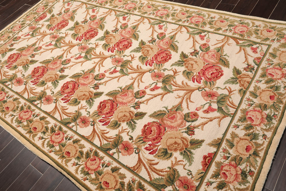 6x9 Beige, Rose, Green Color Hand Knotted 100% Wool Traditional Oriental Rug