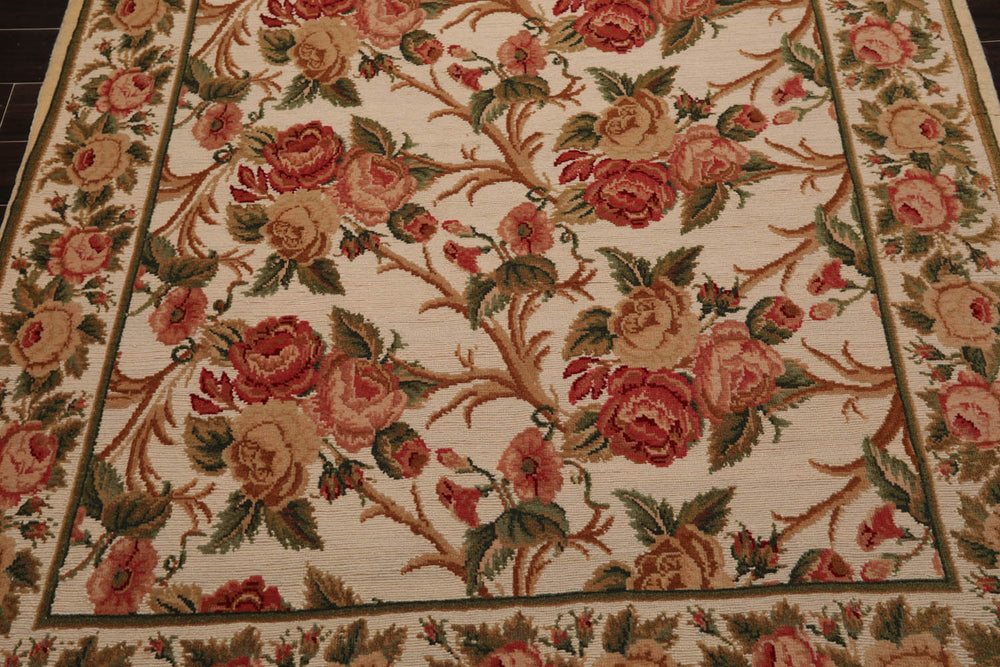 6x9 Beige, Rose, Green Color Hand Knotted 100% Wool Traditional Oriental Rug