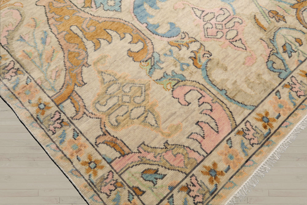Multi Size Beige Blue Aqua Color Hand Knotted Oushak Wool Transitional Oriental Rug