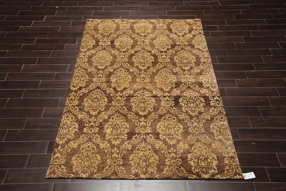 6x9 Brown, Light Gold, Color Hand Knotted 100% Wool Transitional Oriental Rug