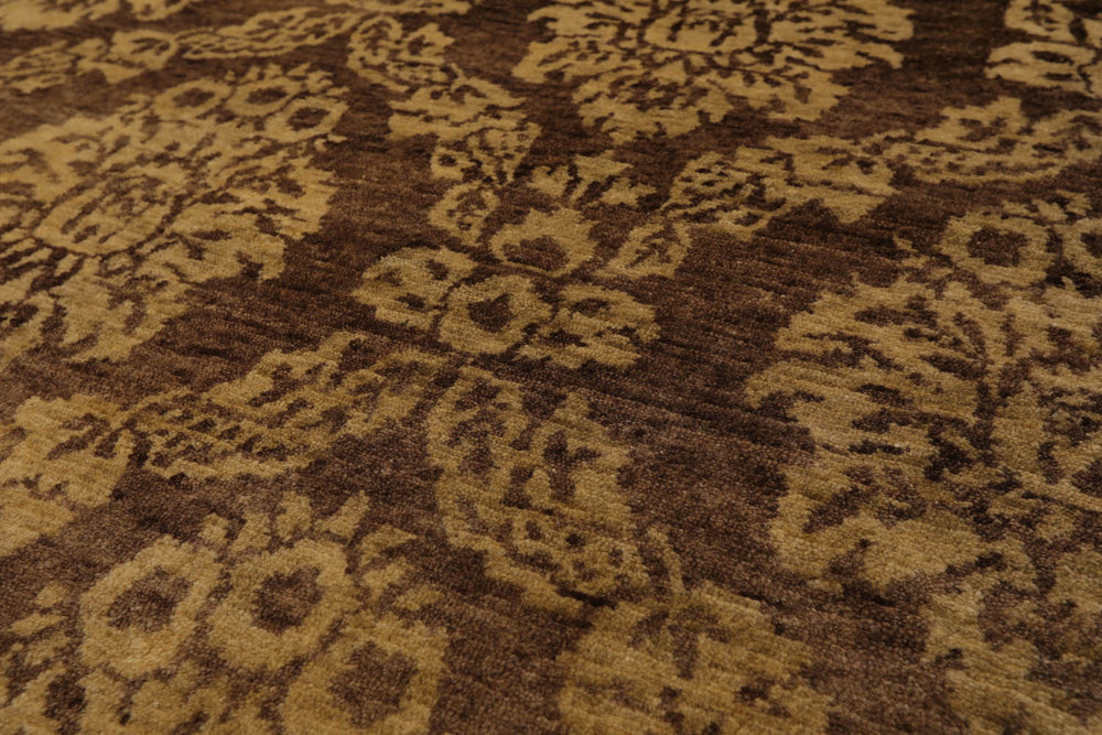 6x9 Brown, Light Gold, Color Hand Knotted 100% Wool Transitional Oriental Rug