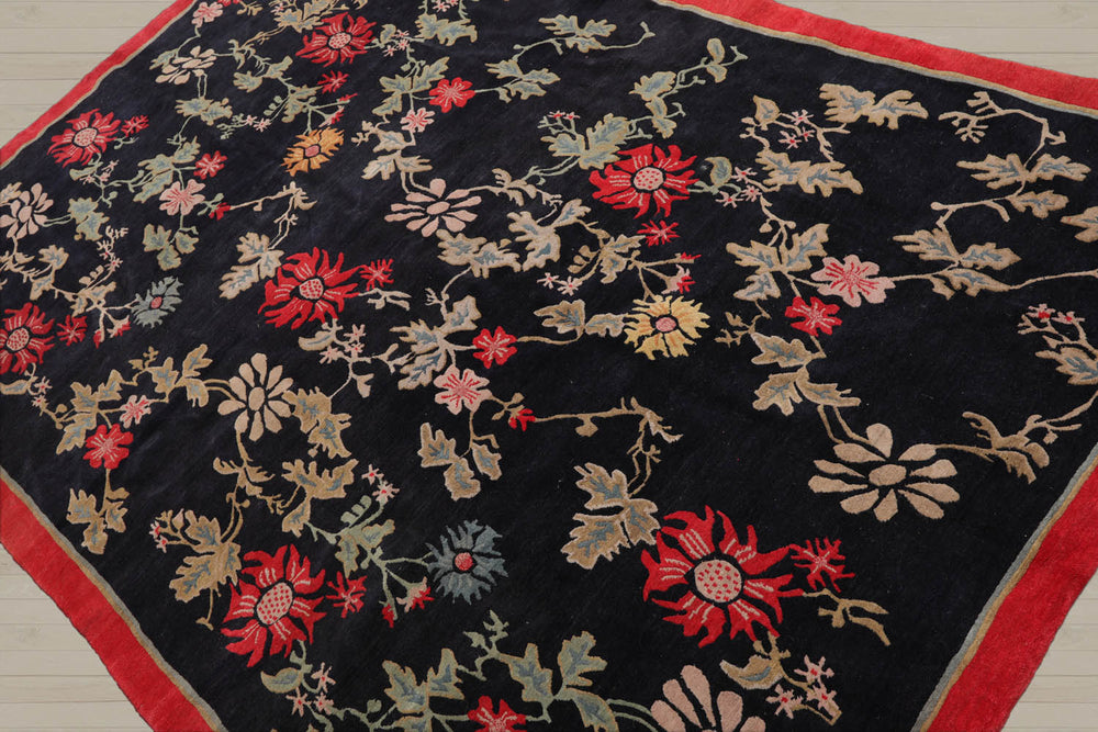 6x9 Midnight Blue, Coral, Beige Color Hand Knotted 100% Wool Traditional Oriental Rug