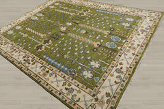 Multi Size Green Ivory Peach Color Hand Knotted Oushak Wool Traditional Oriental Rug