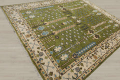 Multi Size Green Ivory Peach Color Hand Knotted Oushak Wool Traditional Oriental Rug