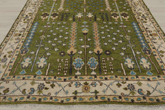 Multi Size Green Ivory Peach Color Hand Knotted Oushak Wool Traditional Oriental Rug