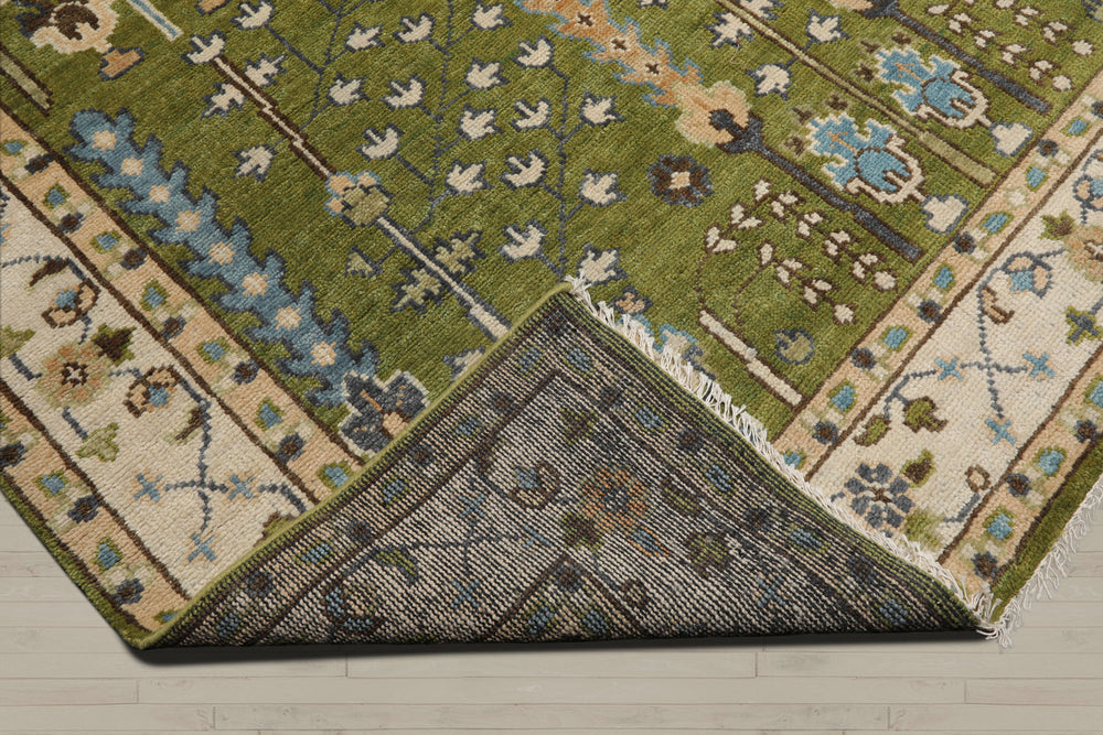 Multi Size Green Ivory Peach Color Hand Knotted Oushak Wool Traditional Oriental Rug