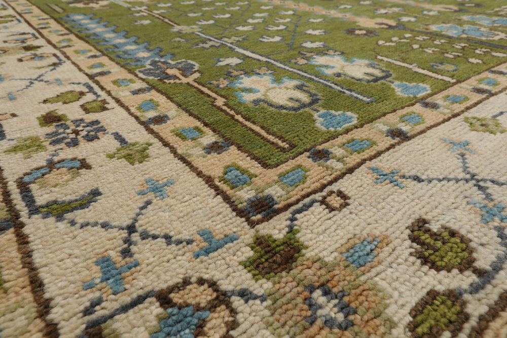 Multi Size Green Ivory Peach Color Hand Knotted Oushak Wool Traditional Oriental Rug