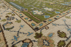 Multi Size Green Ivory Peach Color Hand Knotted Oushak Wool Traditional Oriental Rug