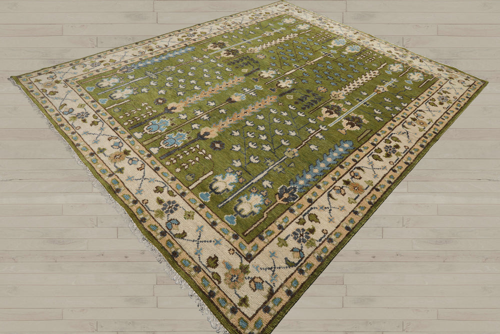 Multi Size Green Ivory Peach Color Hand Knotted Oushak Wool Traditional Oriental Rug