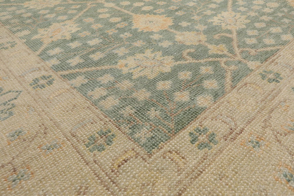 Multi Size Green Beige Caramel Color Hand Knotted Oushak Wool Antique Oriental Rug