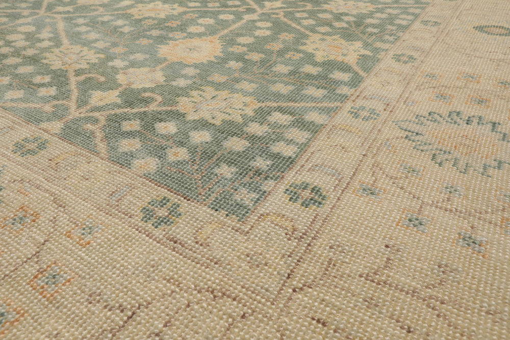 Multi Size Green Beige Caramel Color Hand Knotted Oushak Wool Antique Oriental Rug