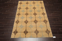 6x9 Tan, Brown, Blue Color Hand Knotted Tibetan 100% Wool Transitional Oriental Rug
