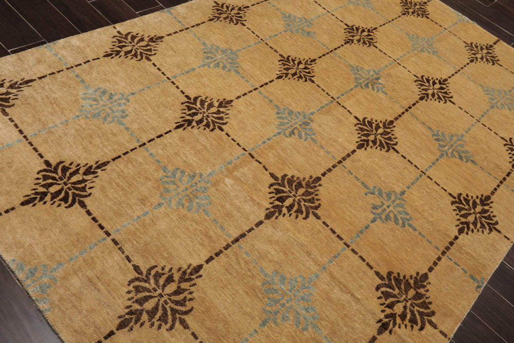 6x9 Tan, Brown, Blue Color Hand Knotted Tibetan 100% Wool Transitional Oriental Rug
