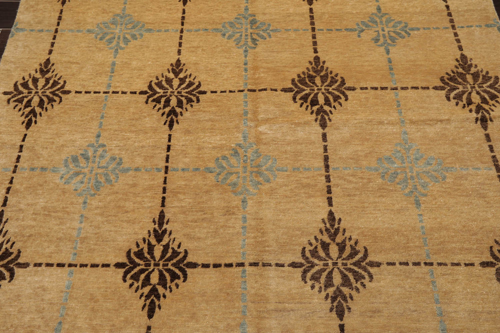 6x9 Tan, Brown, Blue Color Hand Knotted Tibetan 100% Wool Transitional Oriental Rug