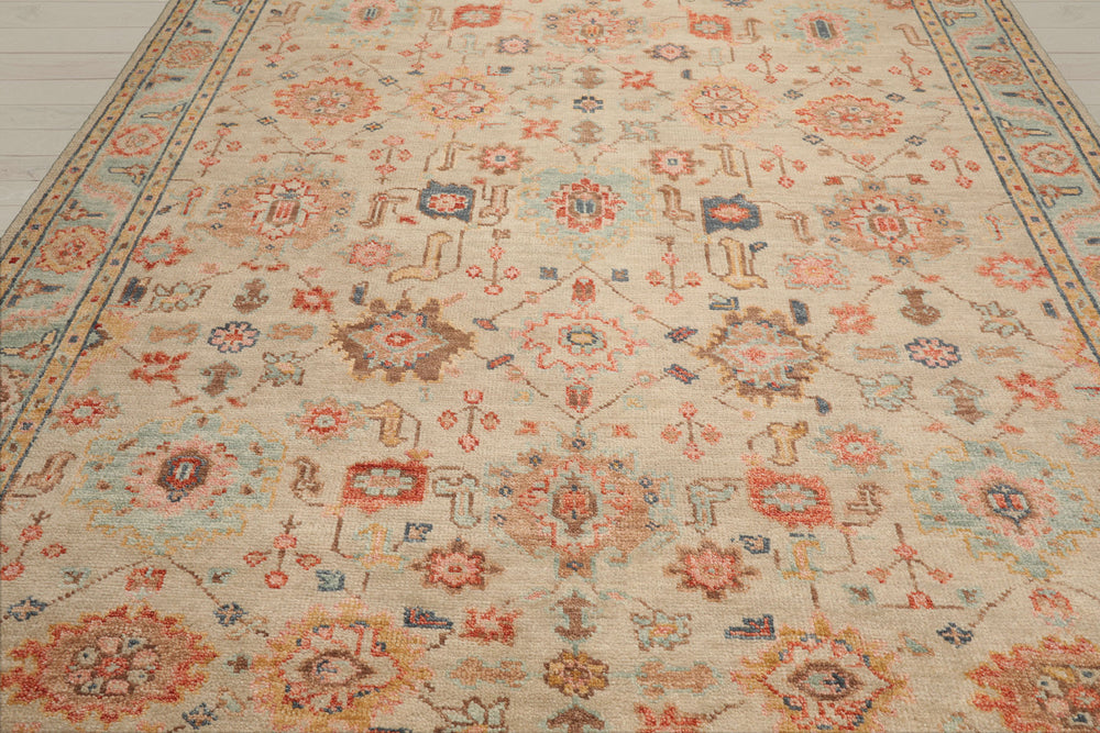Multi Size Beige Turquoise Gold Color Hand Knotted Oushak Wool Traditional Oriental Rug