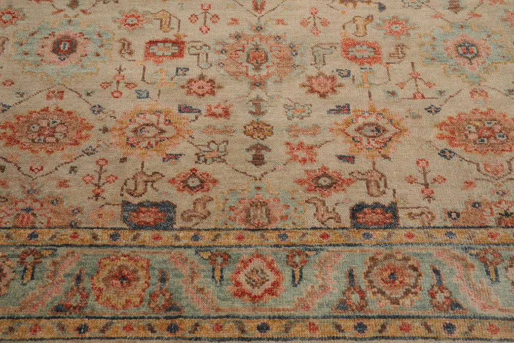 Multi Size Beige Turquoise Gold Color Hand Knotted Oushak Wool Traditional Oriental Rug