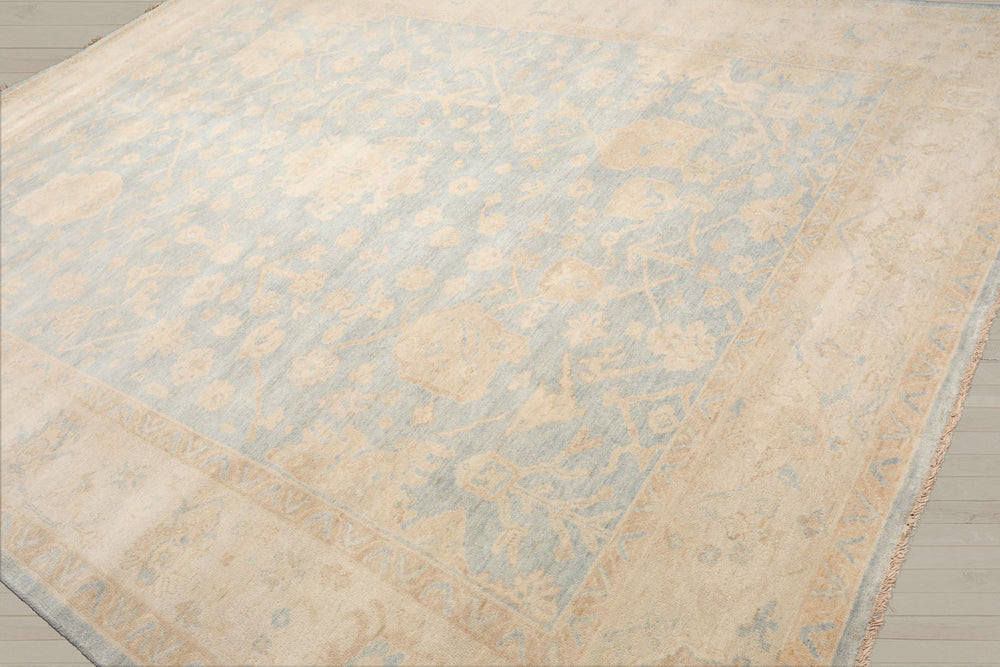 Multi Size Light Blue Beige Tan Color Hand Knotted Oushak Wool Traditional Oriental Rug