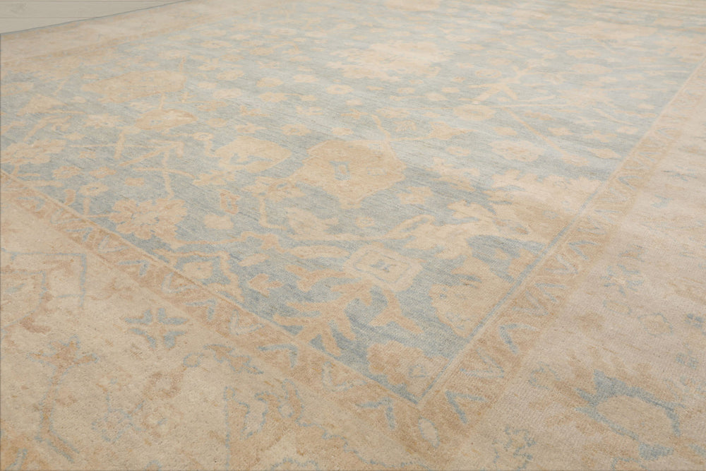Multi Size Light Blue Beige Tan Color Hand Knotted Oushak Wool Traditional Oriental Rug