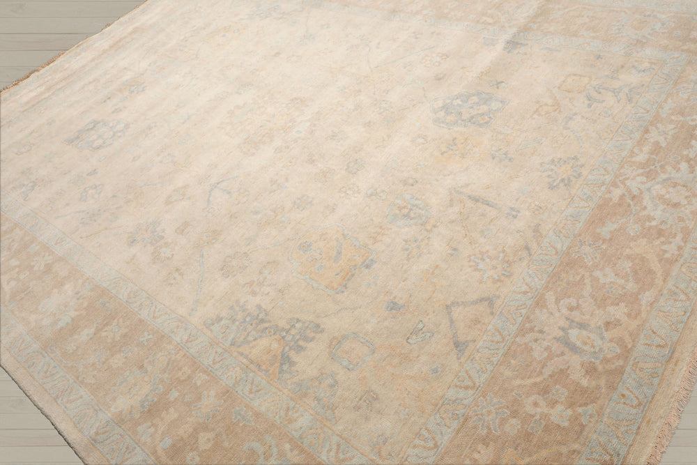 Multi Size Beige Tan Aqua Color Hand Knotted Oushak Wool Traditional Oriental Rug