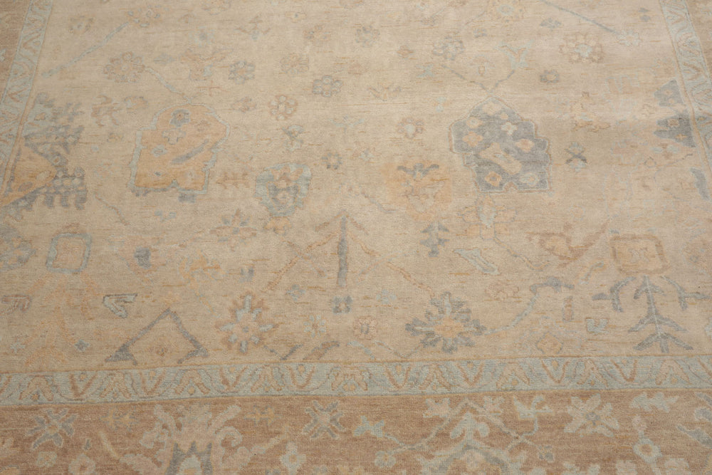 Multi Size Beige Tan Aqua Color Hand Knotted Oushak Wool Traditional Oriental Rug
