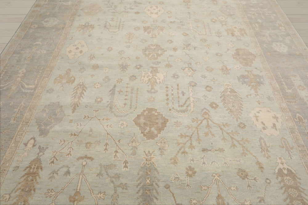 Multi Size Mint Gray Ivory Color Hand Knotted Oushak Wool Traditional Oriental Rug