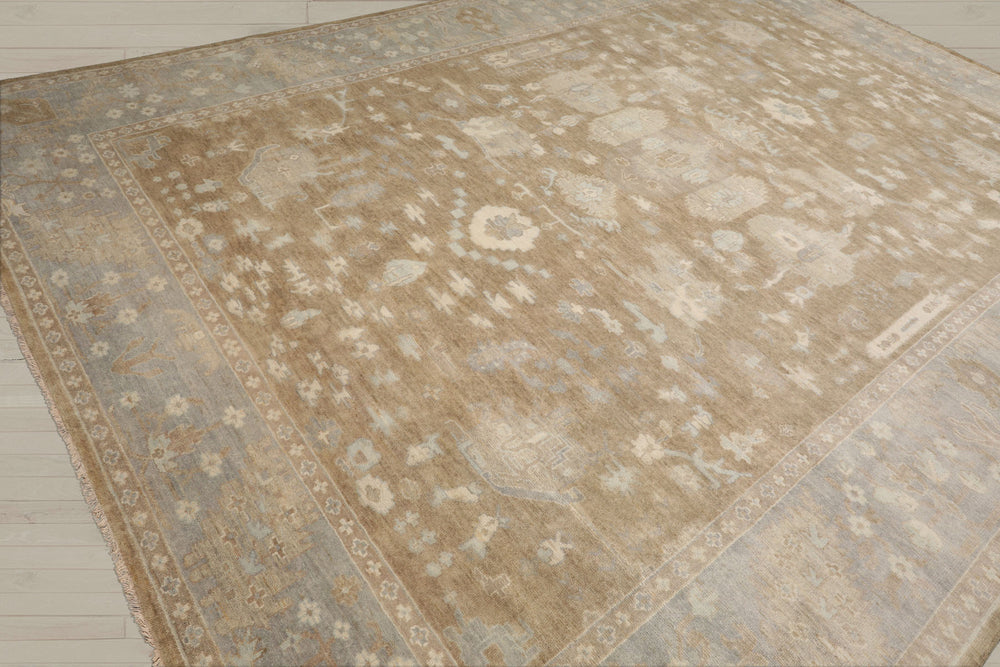 Multi Size Blue Gray Ivory Color Hand Knotted Oushak Wool Traditional Oriental Rug